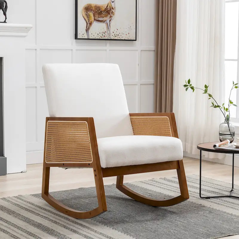 Fauteuil à bascule moderne SEYNAR en cuir PU avec accoudoirs en rotin