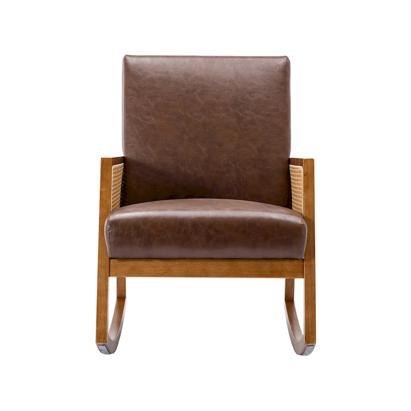 Fauteuil à bascule moderne SEYNAR en cuir PU avec accoudoirs en rotin
