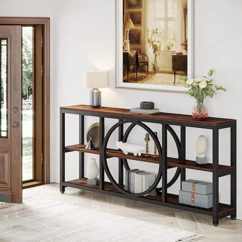 Console de canapé 70.9 pouces avec étagères de rangement en bois à 3 niveaux, cadre en métal industriel pour vestibule, couloir, salon, derrière le canapé