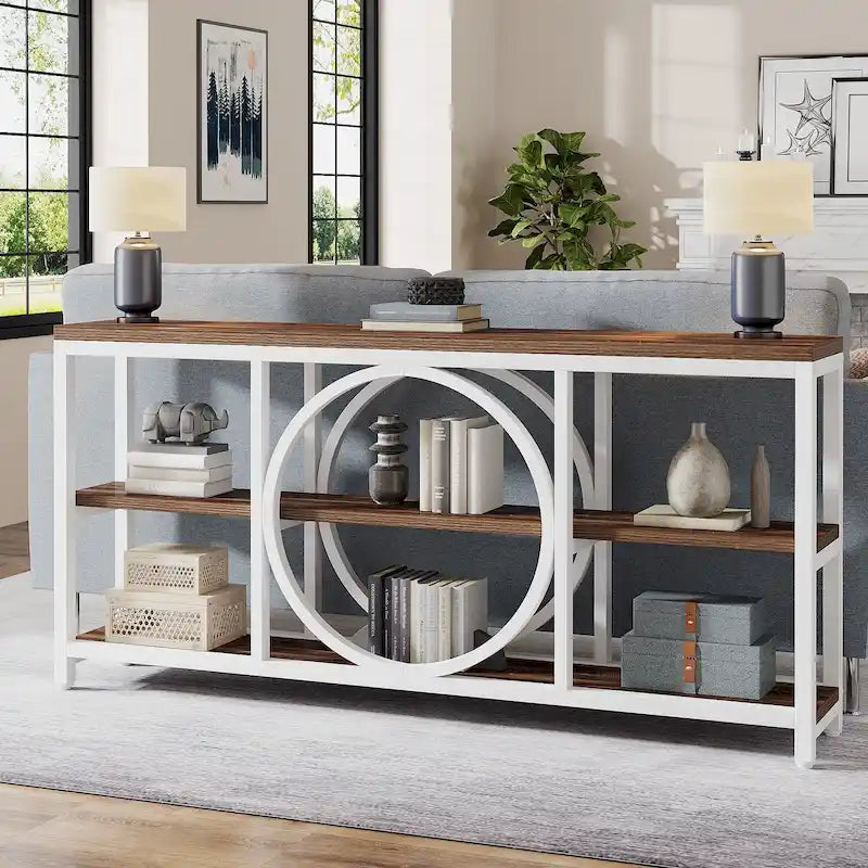 Console de canapé 70.9 pouces avec étagères de rangement en bois à 3 niveaux, cadre en métal industriel pour vestibule, couloir, salon, derrière le canapé