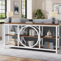 Console de canapé 70.9 pouces avec étagères de rangement en bois à 3 niveaux, cadre en métal industriel pour vestibule, couloir, salon, derrière le canapé
