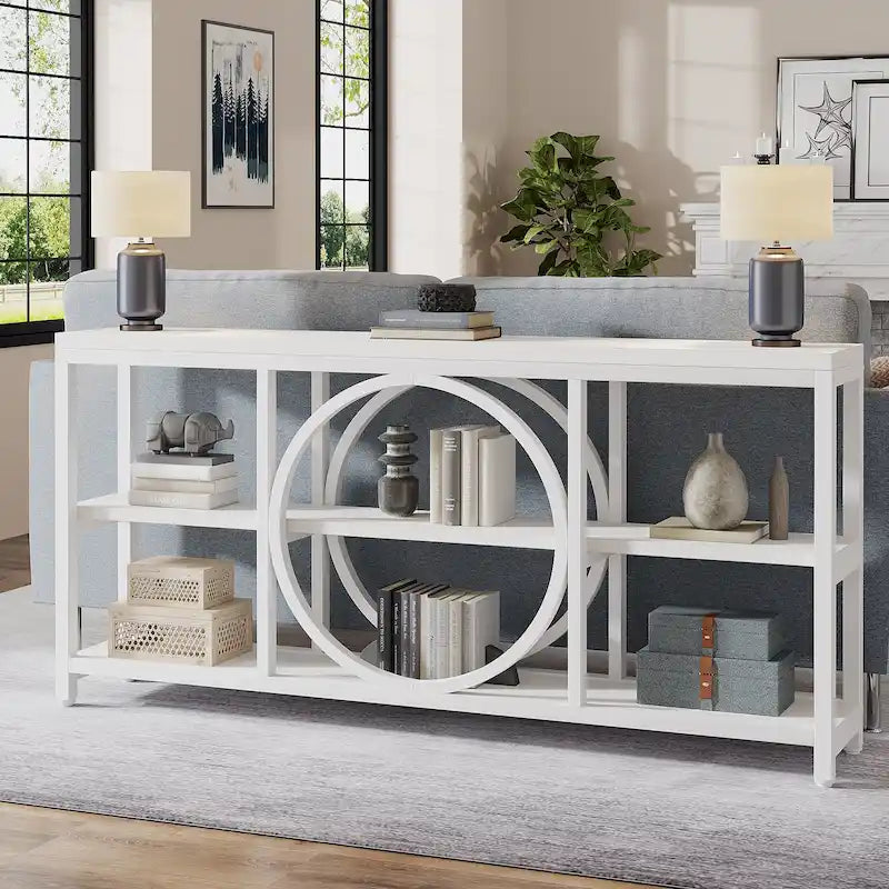 Console de canapé 70.9 pouces avec étagères de rangement en bois à 3 niveaux, cadre en métal industriel pour vestibule, couloir, salon, derrière le canapé