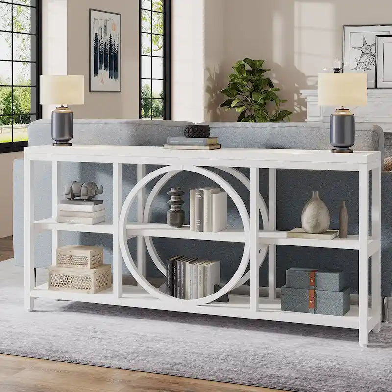 Console de canapé 70.9 pouces avec étagères de rangement en bois à 3 niveaux, cadre en métal industriel pour vestibule, couloir, salon, derrière le canapé
