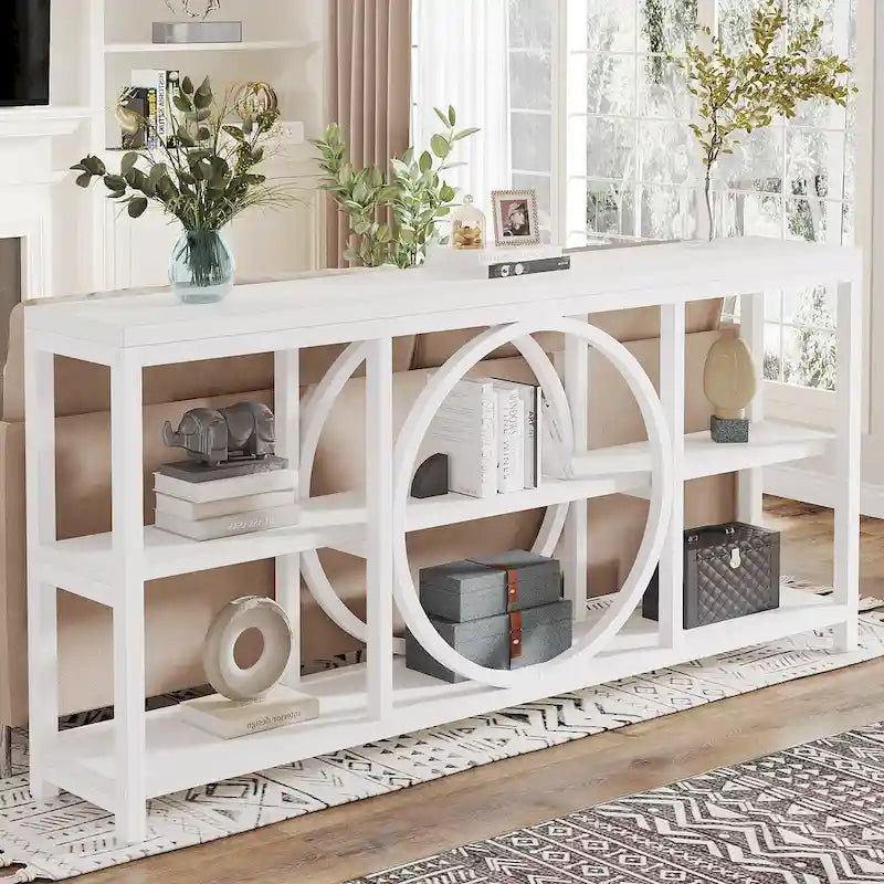 Console de canapé 70.9 pouces avec étagères de rangement en bois à 3 niveaux, cadre en métal industriel pour vestibule, couloir, salon, derrière le canapé