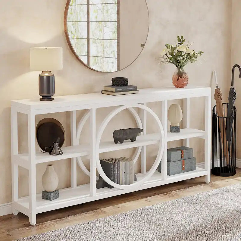 Console de canapé 70.9 pouces avec étagères de rangement en bois à 3 niveaux, cadre en métal industriel pour vestibule, couloir, salon, derrière le canapé