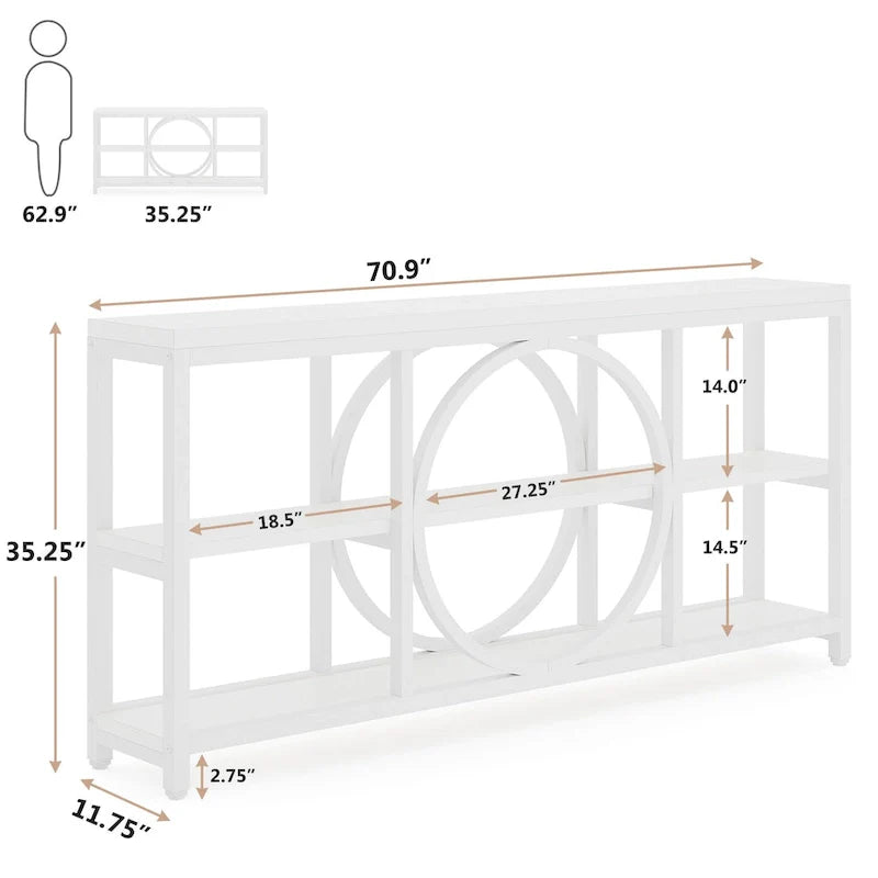 Console de canapé 70.9 pouces avec étagères de rangement en bois à 3 niveaux, cadre en métal industriel pour vestibule, couloir, salon, derrière le canapé