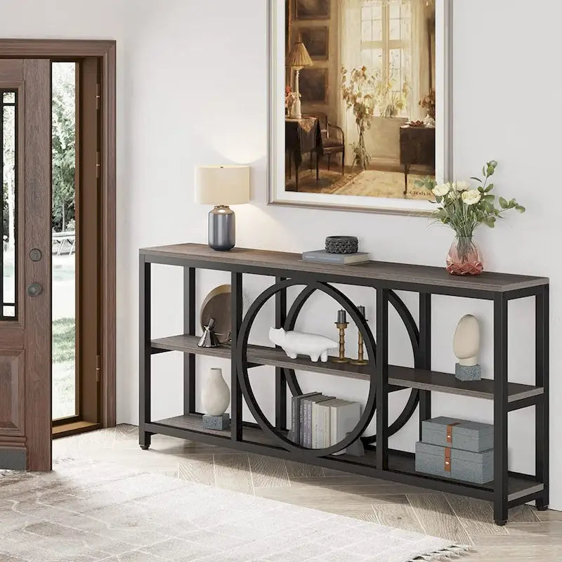 Console de canapé 70.9 pouces avec étagères de rangement en bois à 3 niveaux, cadre en métal industriel pour vestibule, couloir, salon, derrière le canapé