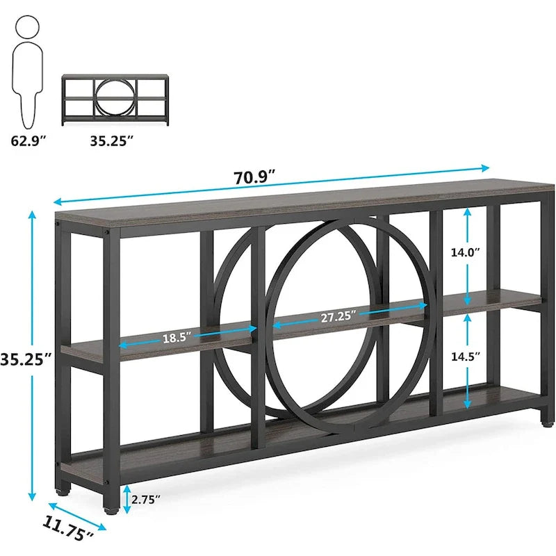 Console de canapé 70.9 pouces avec étagères de rangement en bois à 3 niveaux, cadre en métal industriel pour vestibule, couloir, salon, derrière le canapé