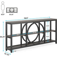 Console de canapé 70.9 pouces avec étagères de rangement en bois à 3 niveaux, cadre en métal industriel pour vestibule, couloir, salon, derrière le canapé