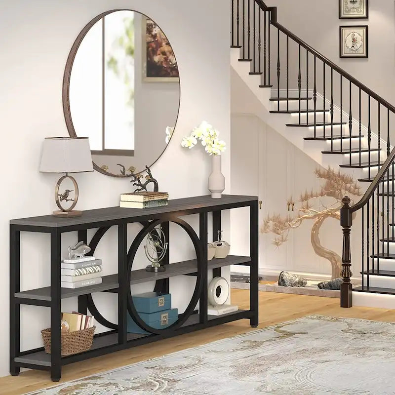 Console de canapé 70.9 pouces avec étagères de rangement en bois à 3 niveaux, cadre en métal industriel pour vestibule, couloir, salon, derrière le canapé
