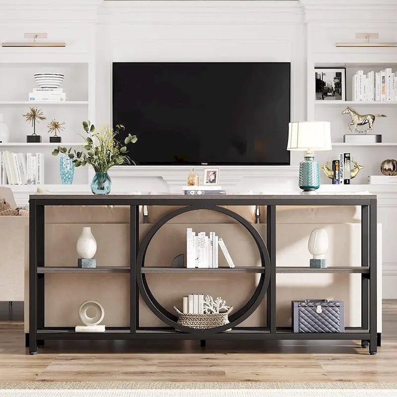 Console de canapé 70.9 pouces avec étagères de rangement en bois à 3 niveaux, cadre en métal industriel pour vestibule, couloir, salon, derrière le canapé