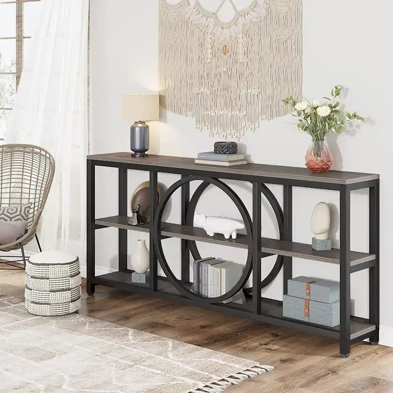 Console de canapé 70.9 pouces avec étagères de rangement en bois à 3 niveaux, cadre en métal industriel pour vestibule, couloir, salon, derrière le canapé