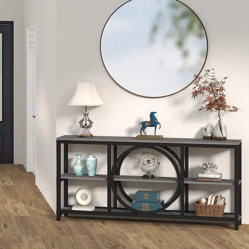 Console de canapé 70.9 pouces avec étagères de rangement en bois à 3 niveaux, cadre en métal industriel pour vestibule, couloir, salon, derrière le canapé