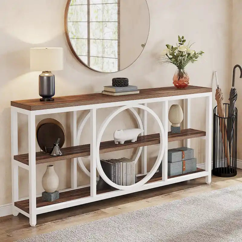 Console de canapé 70.9 pouces avec étagères de rangement en bois à 3 niveaux, cadre en métal industriel pour vestibule, couloir, salon, derrière le canapé