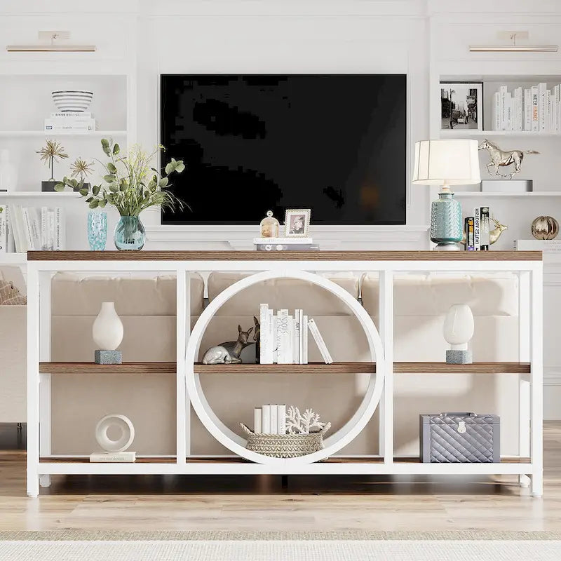 Console de canapé 70.9 pouces avec étagères de rangement en bois à 3 niveaux, cadre en métal industriel pour vestibule, couloir, salon, derrière le canapé