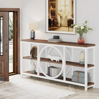 Console de canapé 70.9 pouces avec étagères de rangement en bois à 3 niveaux, cadre en métal industriel pour vestibule, couloir, salon, derrière le canapé