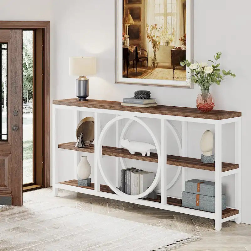 Console de canapé 70.9 pouces avec étagères de rangement en bois à 3 niveaux, cadre en métal industriel pour vestibule, couloir, salon, derrière le canapé