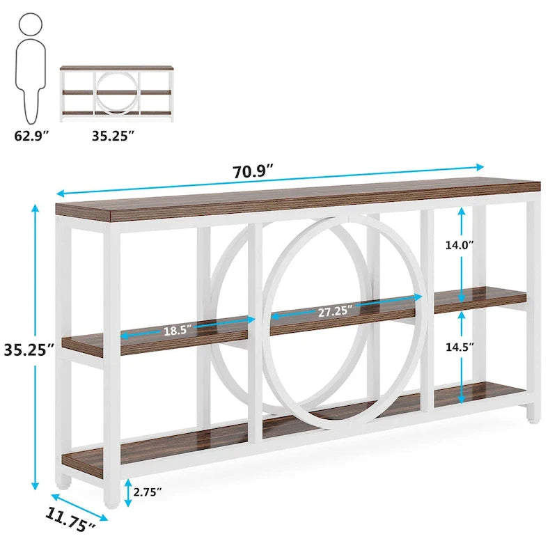 Console de canapé 70.9 pouces avec étagères de rangement en bois à 3 niveaux, cadre en métal industriel pour vestibule, couloir, salon, derrière le canapé