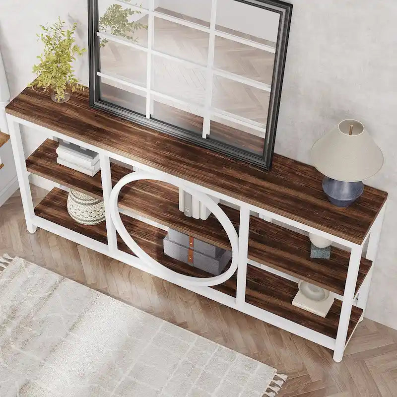 Console de canapé 70.9 pouces avec étagères de rangement en bois à 3 niveaux, cadre en métal industriel pour vestibule, couloir, salon, derrière le canapé