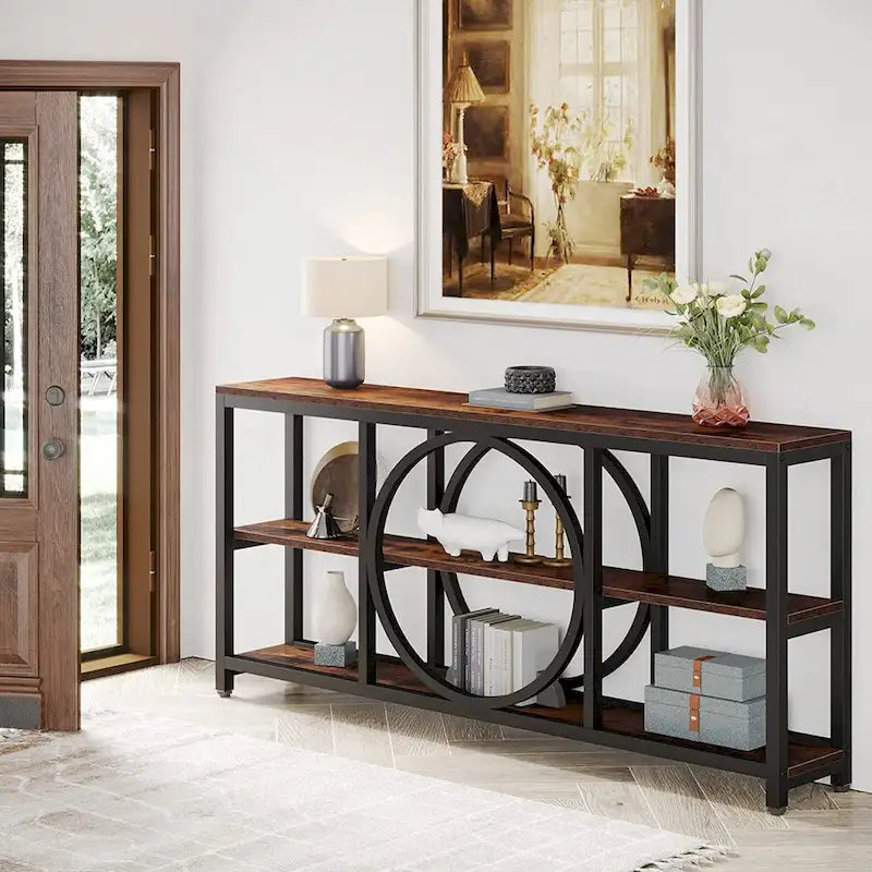 Console de canapé 70.9 pouces avec étagères de rangement en bois à 3 niveaux, cadre en métal industriel pour vestibule, couloir, salon, derrière le canapé