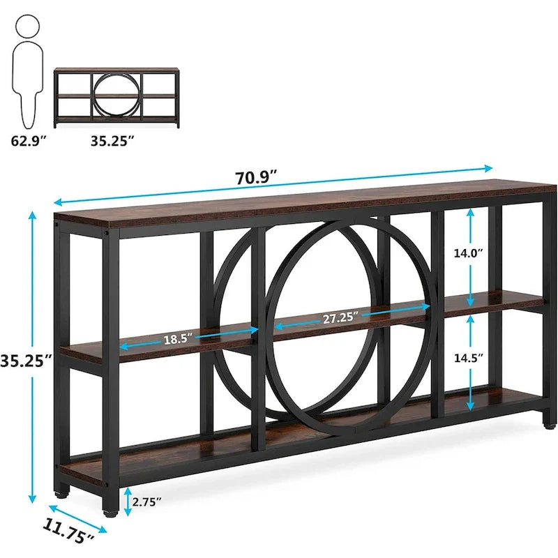 Console de canapé 70.9 pouces avec étagères de rangement en bois à 3 niveaux, cadre en métal industriel pour vestibule, couloir, salon, derrière le canapé