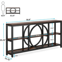 Console de canapé 70.9 pouces avec étagères de rangement en bois à 3 niveaux, cadre en métal industriel pour vestibule, couloir, salon, derrière le canapé