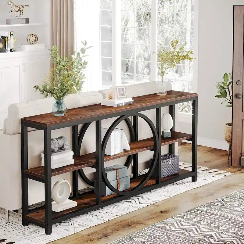 Console de canapé 70.9 pouces avec étagères de rangement en bois à 3 niveaux, cadre en métal industriel pour vestibule, couloir, salon, derrière le canapé