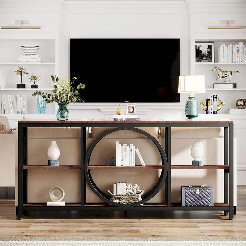 Console de canapé 70.9 pouces avec étagères de rangement en bois à 3 niveaux, cadre en métal industriel pour vestibule, couloir, salon, derrière le canapé