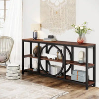 Console de canapé 70.9 pouces avec étagères de rangement en bois à 3 niveaux, cadre en métal industriel pour vestibule, couloir, salon, derrière le canapé