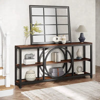 Console de canapé 70.9 pouces avec étagères de rangement en bois à 3 niveaux, cadre en métal industriel pour vestibule, couloir, salon, derrière le canapé