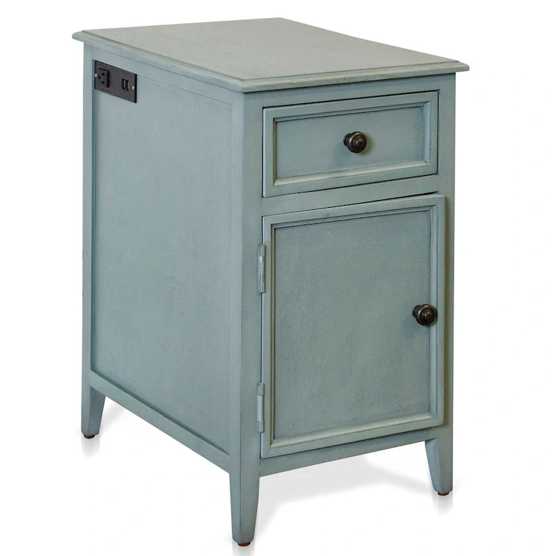 Table d'appoint vieillie couleur écume de mer avec tiroir et placard