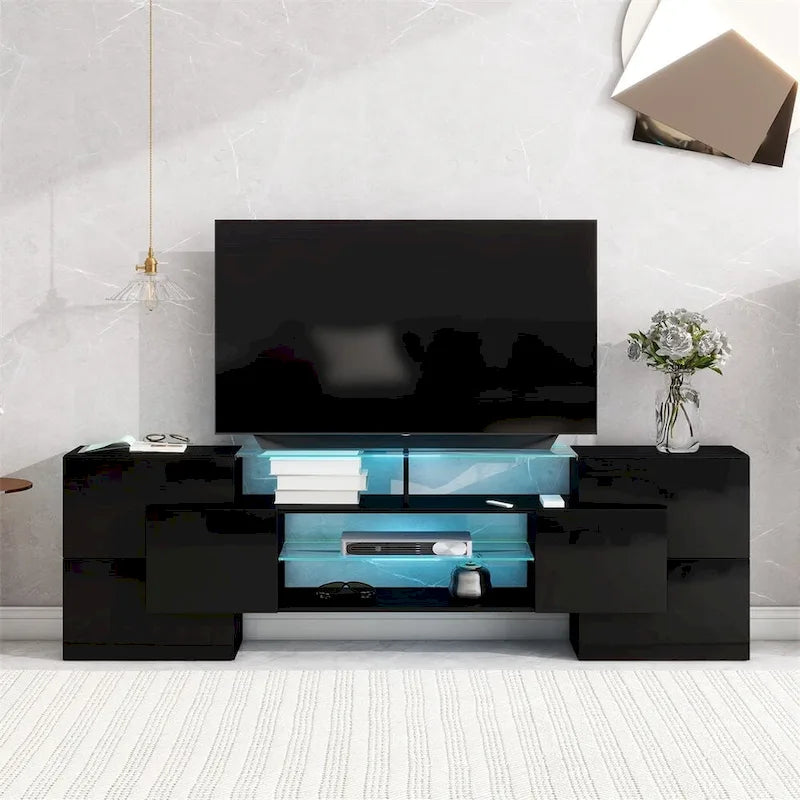 Meuble TV Merax avec 2 étagères en verre illuminées, meuble TV laqué brillant pour téléviseurs jusqu'à 80 pouces - n/a