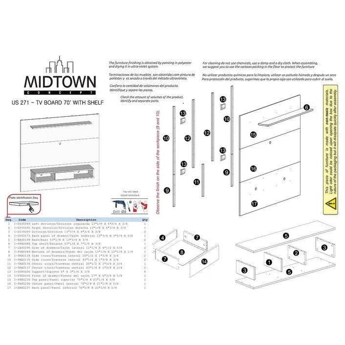 Étagère murale TV Midtown Concept pour TV 70 pouces