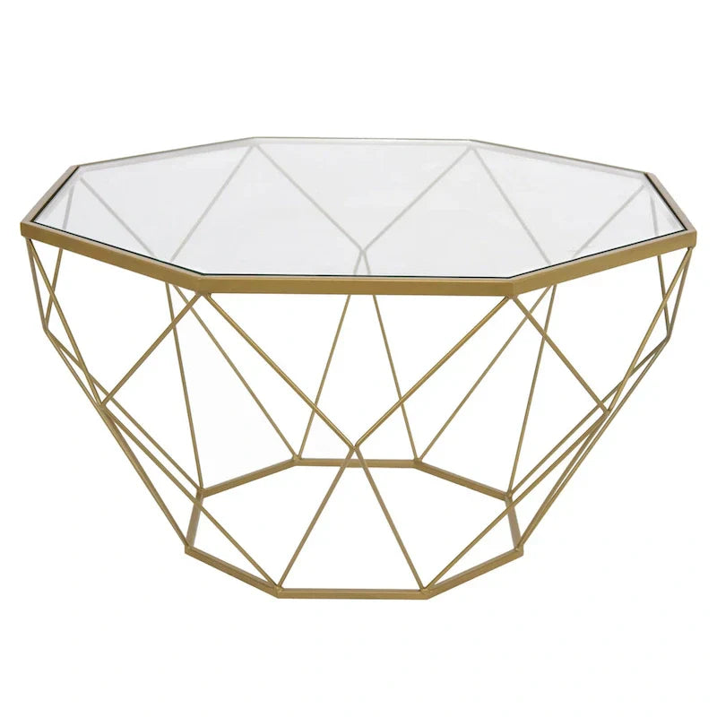 Table basse octogonale moderne Malibu 29 avec plateau en verre trempé et base géométrique en métal robuste pour salon et bureau