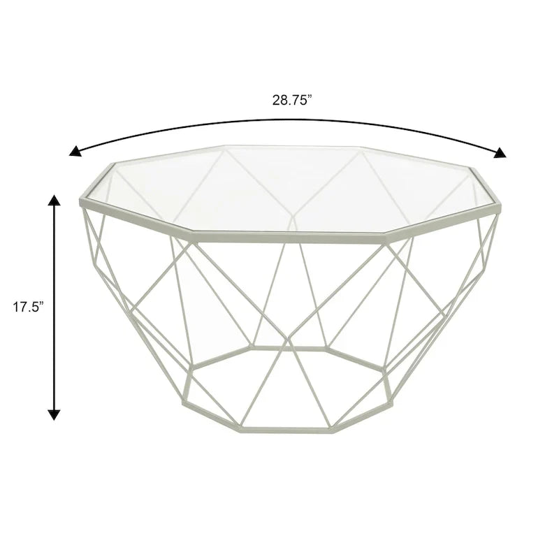 Table basse octogonale moderne Malibu 29 avec plateau en verre trempé et base géométrique en métal robuste pour salon et bureau