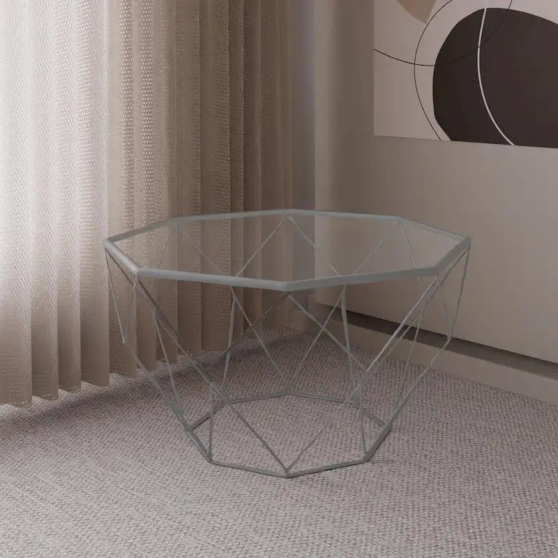 Table basse octogonale moderne Malibu 29 avec plateau en verre trempé et base géométrique en métal robuste pour salon et bureau