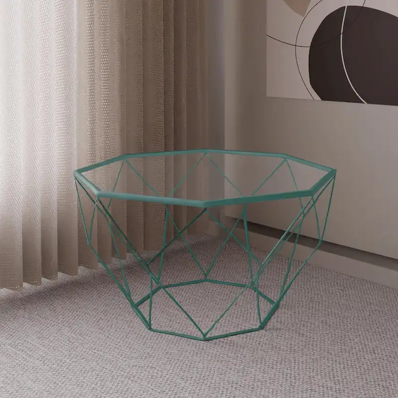 Table basse octogonale moderne Malibu 29 avec plateau en verre trempé et base géométrique en métal robuste pour salon et bureau