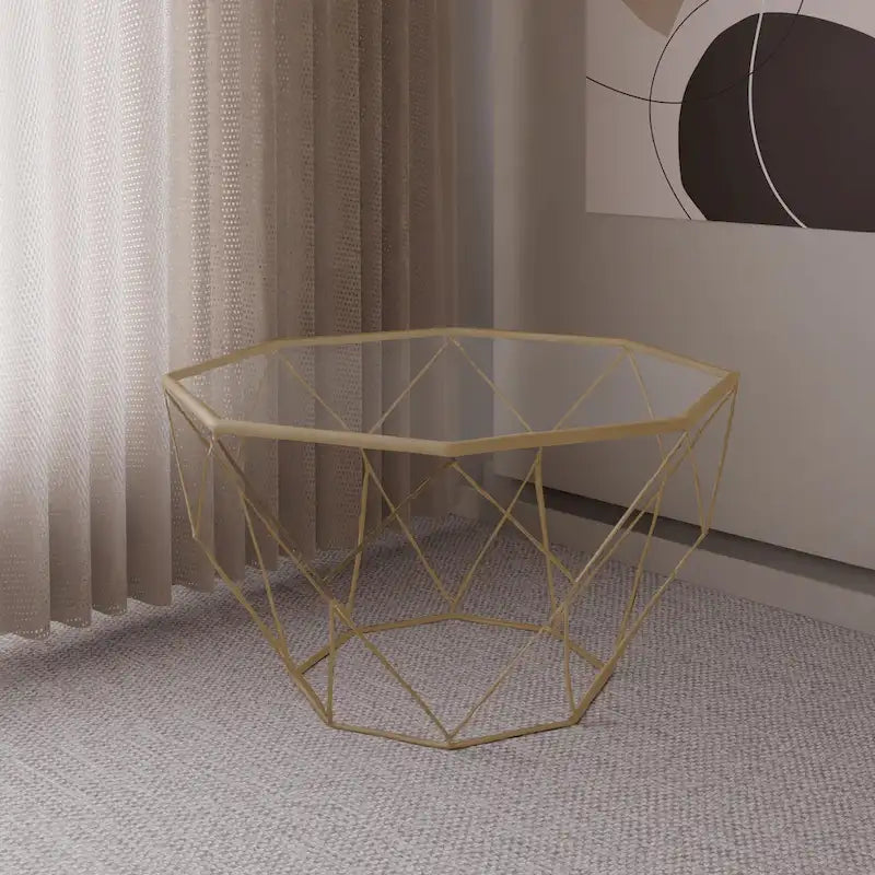 Table basse octogonale moderne Malibu 29 avec plateau en verre trempé et base géométrique en métal robuste pour salon et bureau