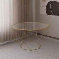 Table basse octogonale moderne Malibu 29 avec plateau en verre trempé et base géométrique en métal robuste pour salon et bureau