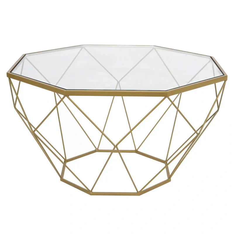 Table basse octogonale moderne Malibu 29 avec plateau en verre trempé et base géométrique en métal robuste pour salon et bureau