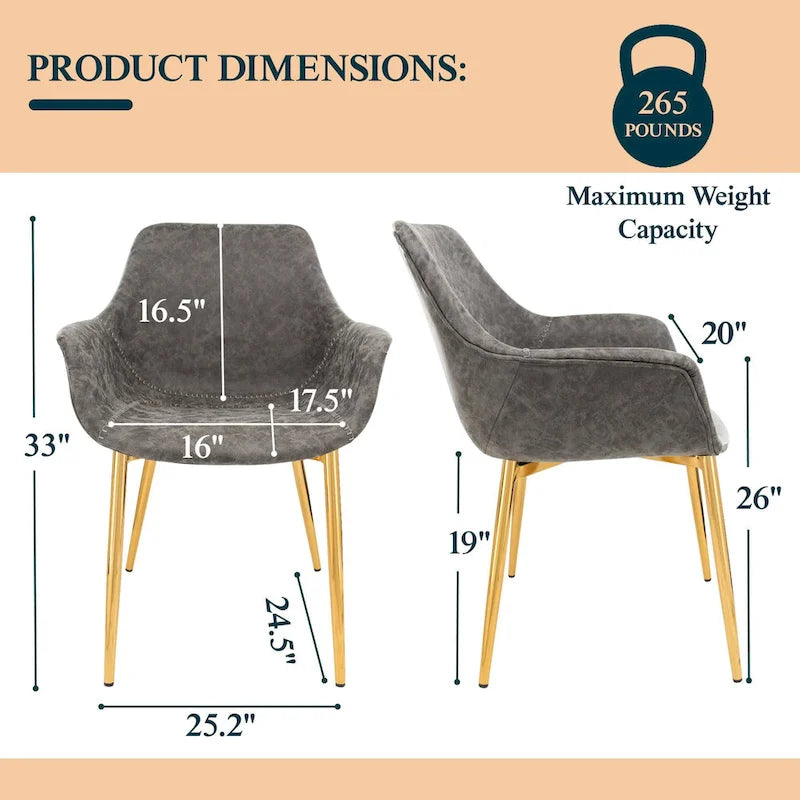 Chaise de salle à manger LeisureMod avec pieds en métal doré, lot de 2 - Marron clair - 24,5Px25,2Lx33H