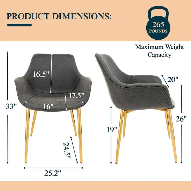 Chaise de salle à manger LeisureMod avec pieds en métal doré, lot de 2 - Marron clair - 24,5Px25,2Lx33H