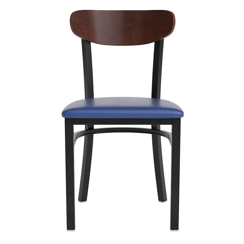 Chaise de salle à manger commerciale en métal avec assise en bois et dossier boomerang