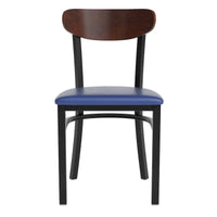 Chaise de salle à manger commerciale en métal avec assise en bois et dossier boomerang