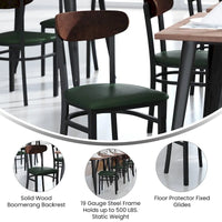 Chaise de salle à manger commerciale en métal avec assise en bois et dossier boomerang