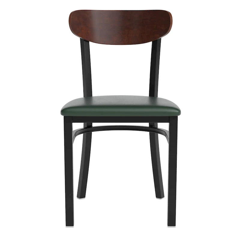 Chaise de salle à manger commerciale en métal avec assise en bois et dossier boomerang