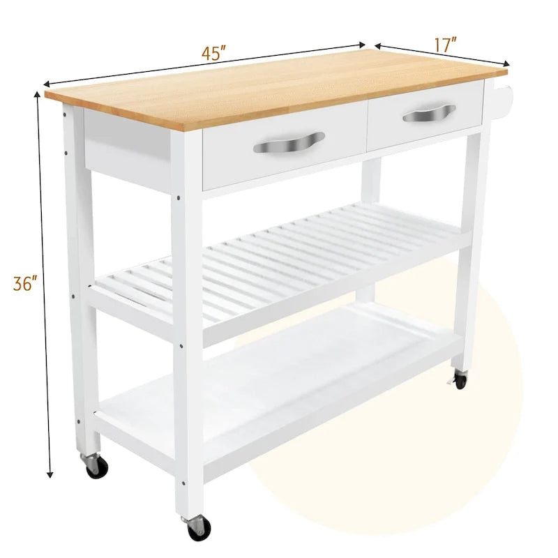 Desserte îlot de cuisine à roulettes, avec 2 tiroirs et étagères ouvertes – 114 x 43 x 89 cm