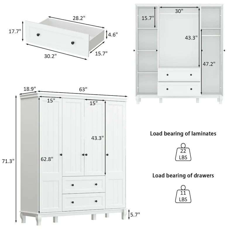 Armoire autonome traditionnelle 2 tiroirs en bois pour maison en laque blanche - 63Lx71.3