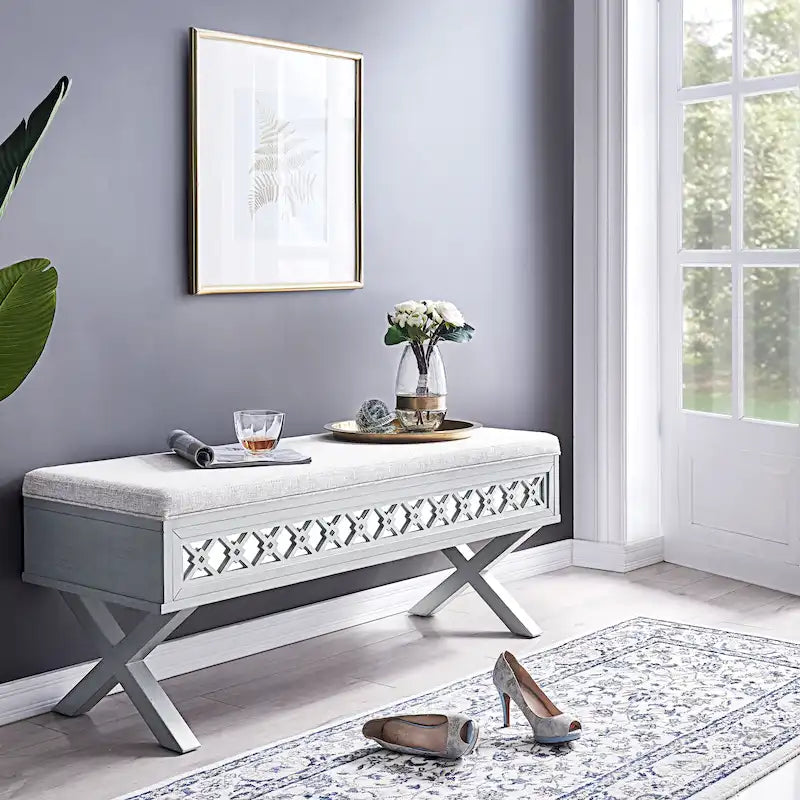 Banc de rangement Leick Home avec plateau relevable, miroir, filigrane en losange et base en X