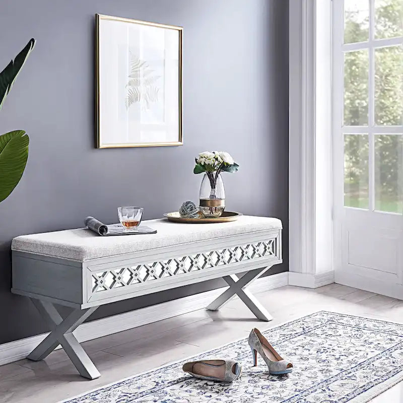 Banc de rangement Leick Home avec plateau relevable, miroir, filigrane en losange et base en X